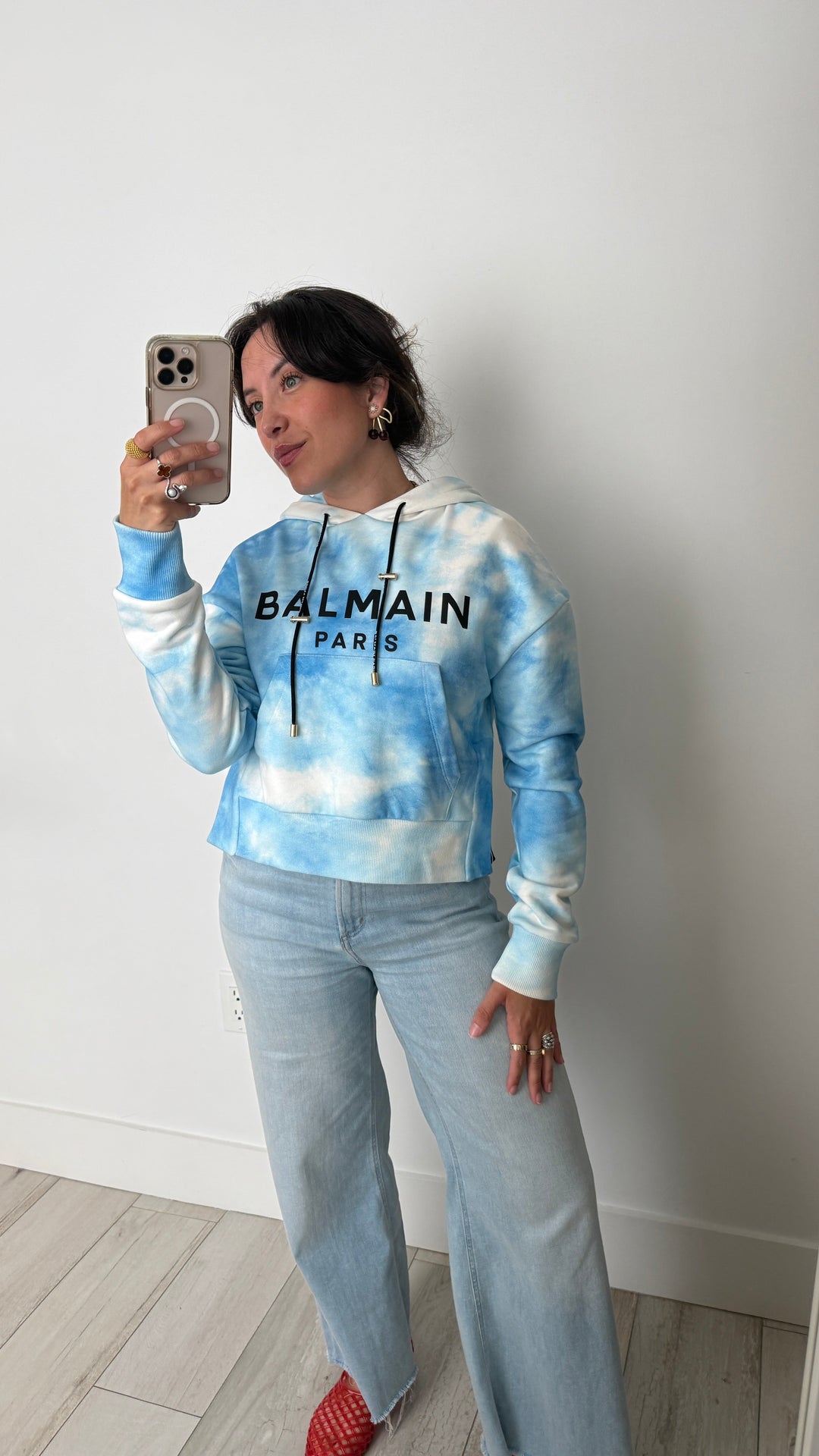 Balmain Blue & White Cotton Tie-dye Cropped Hoodie Size XS