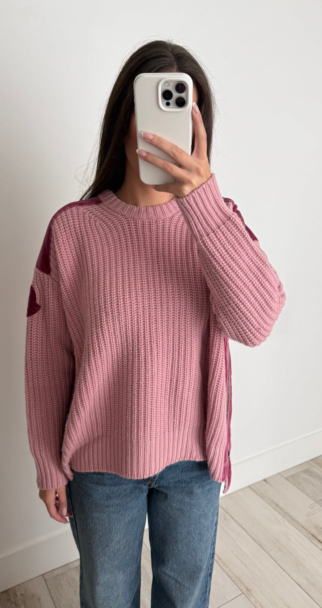 Moncler Pink Wool Cashmere Knit Sweater with Velvet Accents Size 2