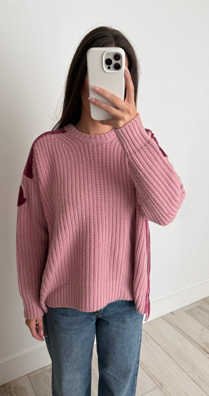 Moncler Pink Wool Cashmere Knit Sweater with Velvet Accents Size 2