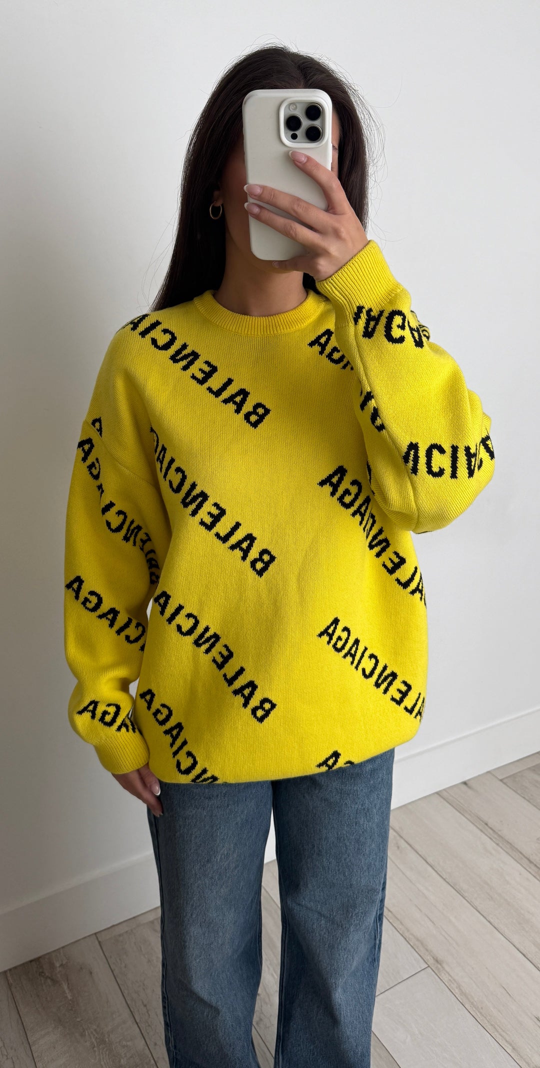 Balenciaga Yellow Knit Logo Unisex Crewneck Sweater Size XS