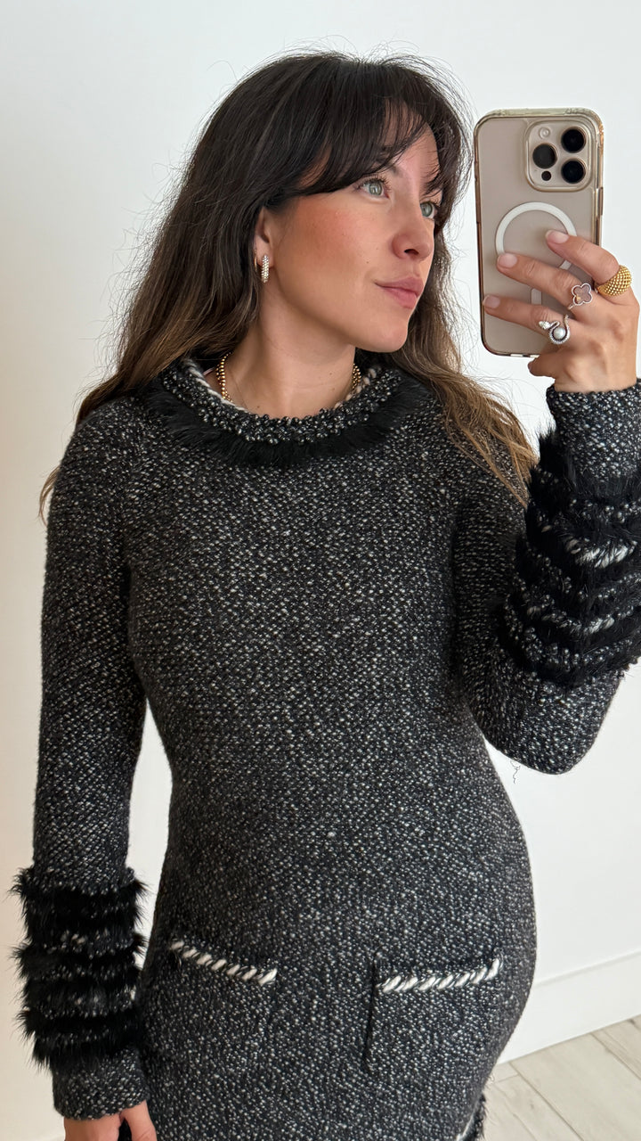 Pre-Loved Chanel™ Grey and White Knit Dress with Fluff Accents Size 38