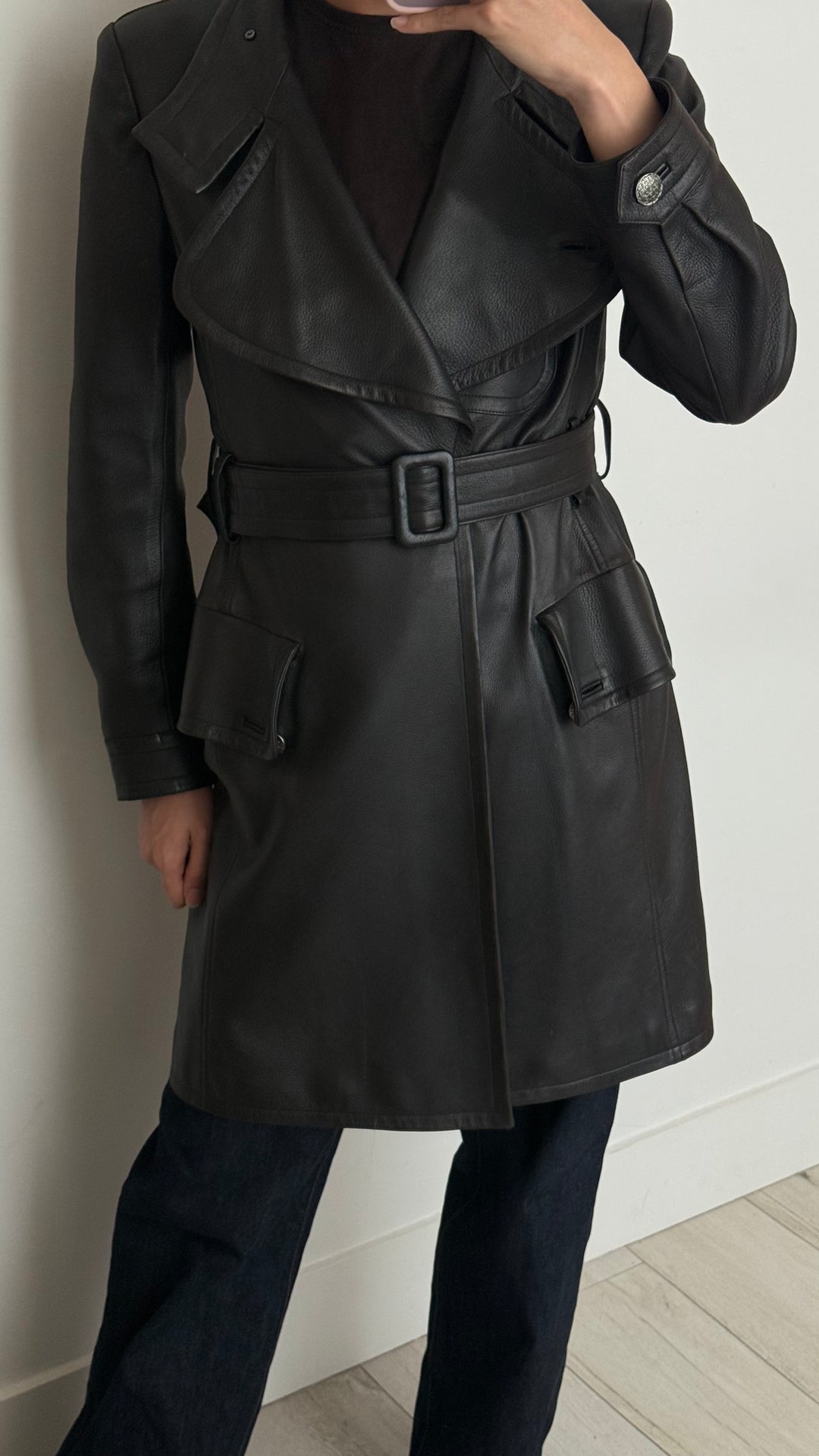 Pre-Loved Chanel™ Black Lambskin Leather Belted Trench Coat Size 40