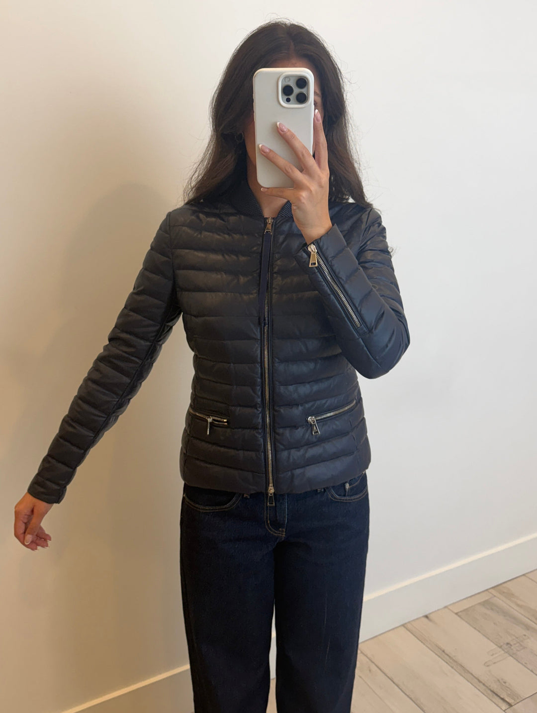 Moncler Navy Cropped Leather Quilted Jacket Size 1