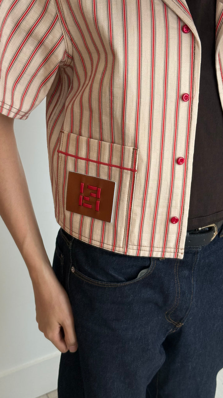 Fendi Cream Denim Red Striped Button Up Shirt Size 40
