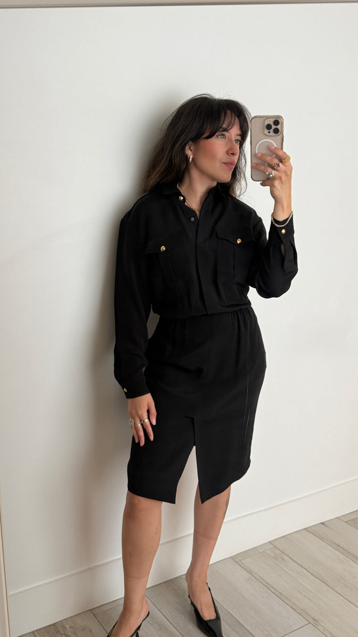 Celine Black Silk Dress with Gold-Tone Buttons Size 38