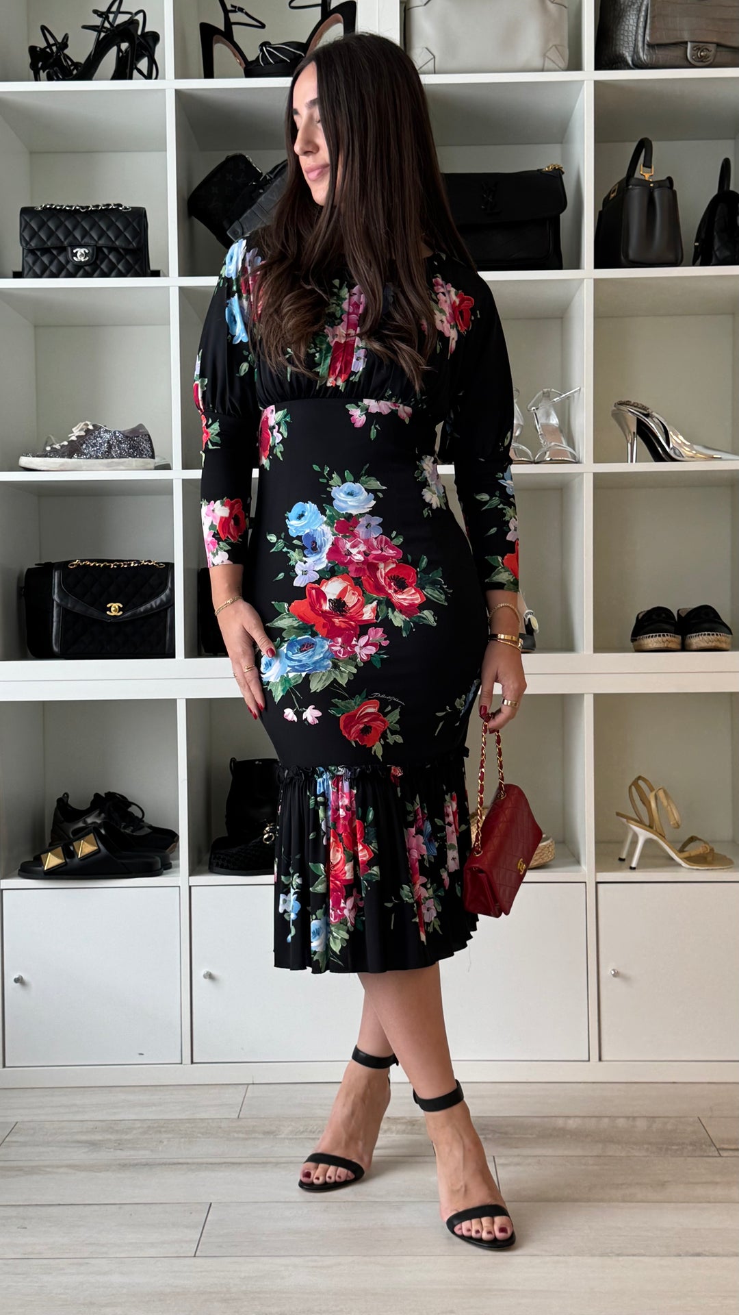 Dolce & Gabbana Black Silk Multicolour Floral 3/4 Sleeve Dress Size 42