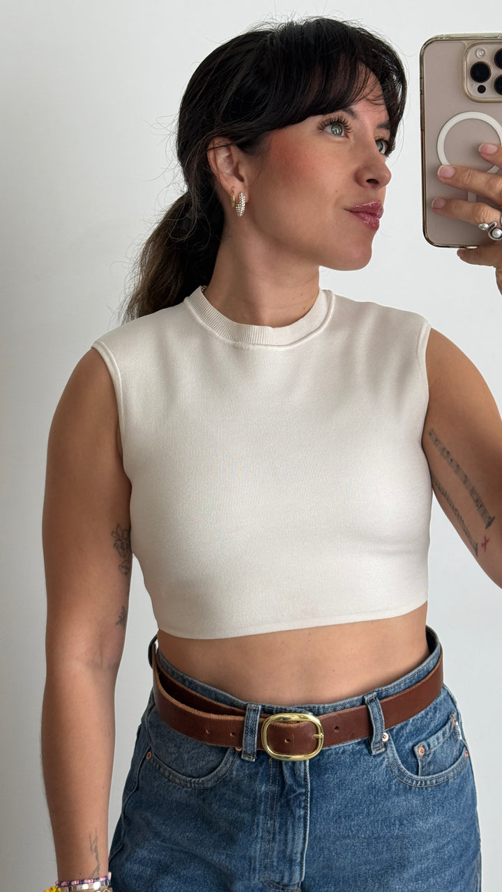 Hermes White Knit Sleeveless Crop Top Size 36