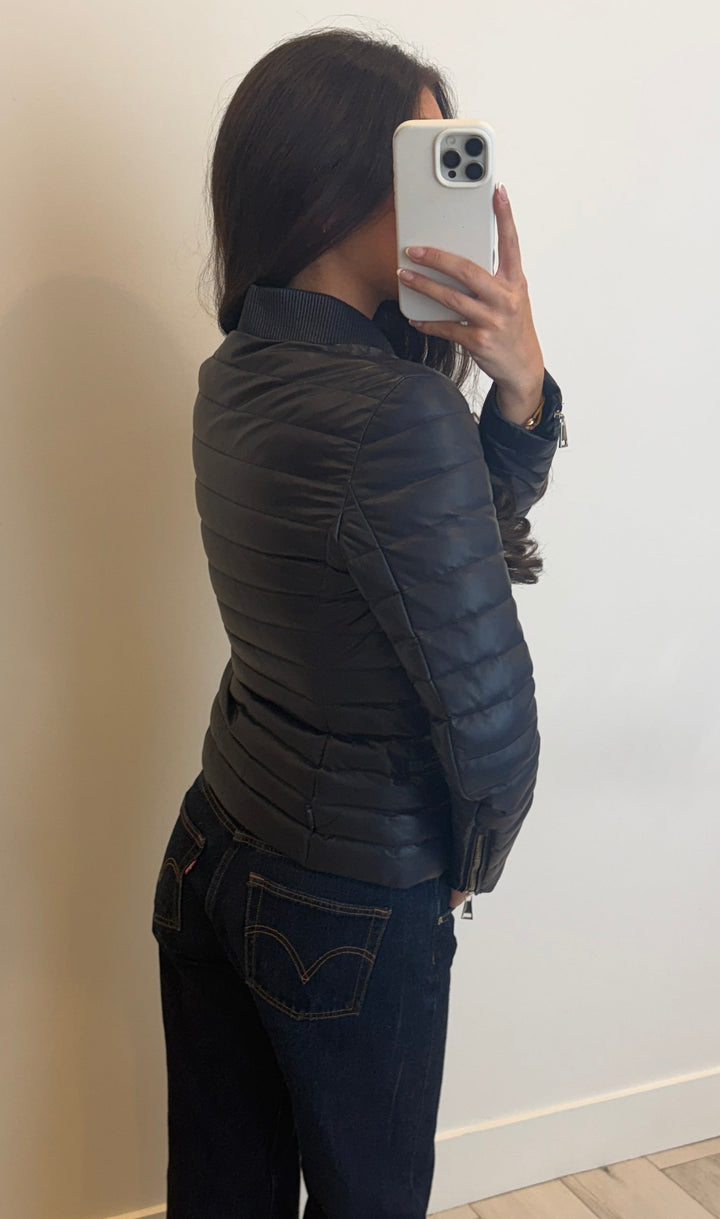 Moncler Navy Cropped Leather Quilted Jacket Size 1