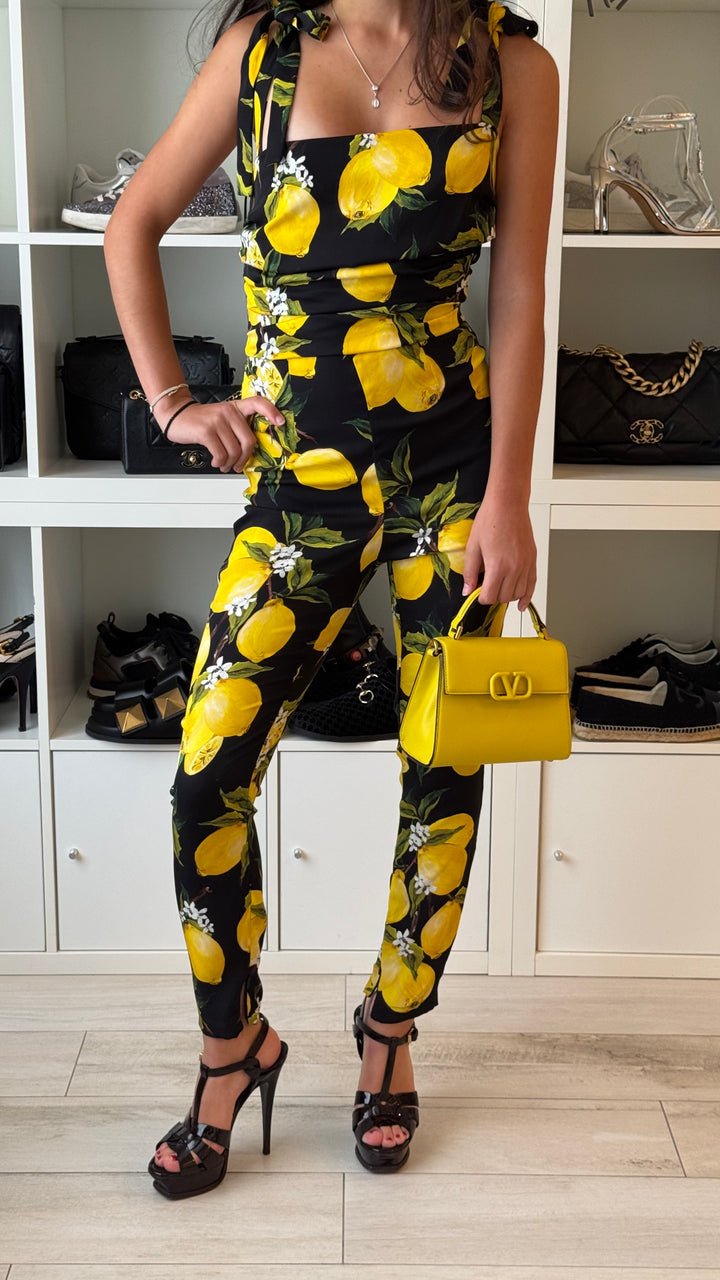 Dolce & Gabbana Black & Yellow Silk Jumpsuit with Lemons Print Size 42