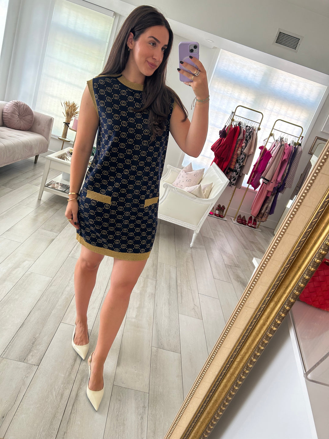 Gucci Navy & Gold Wool Blend Interlocking G Sleeveless Dress Size L