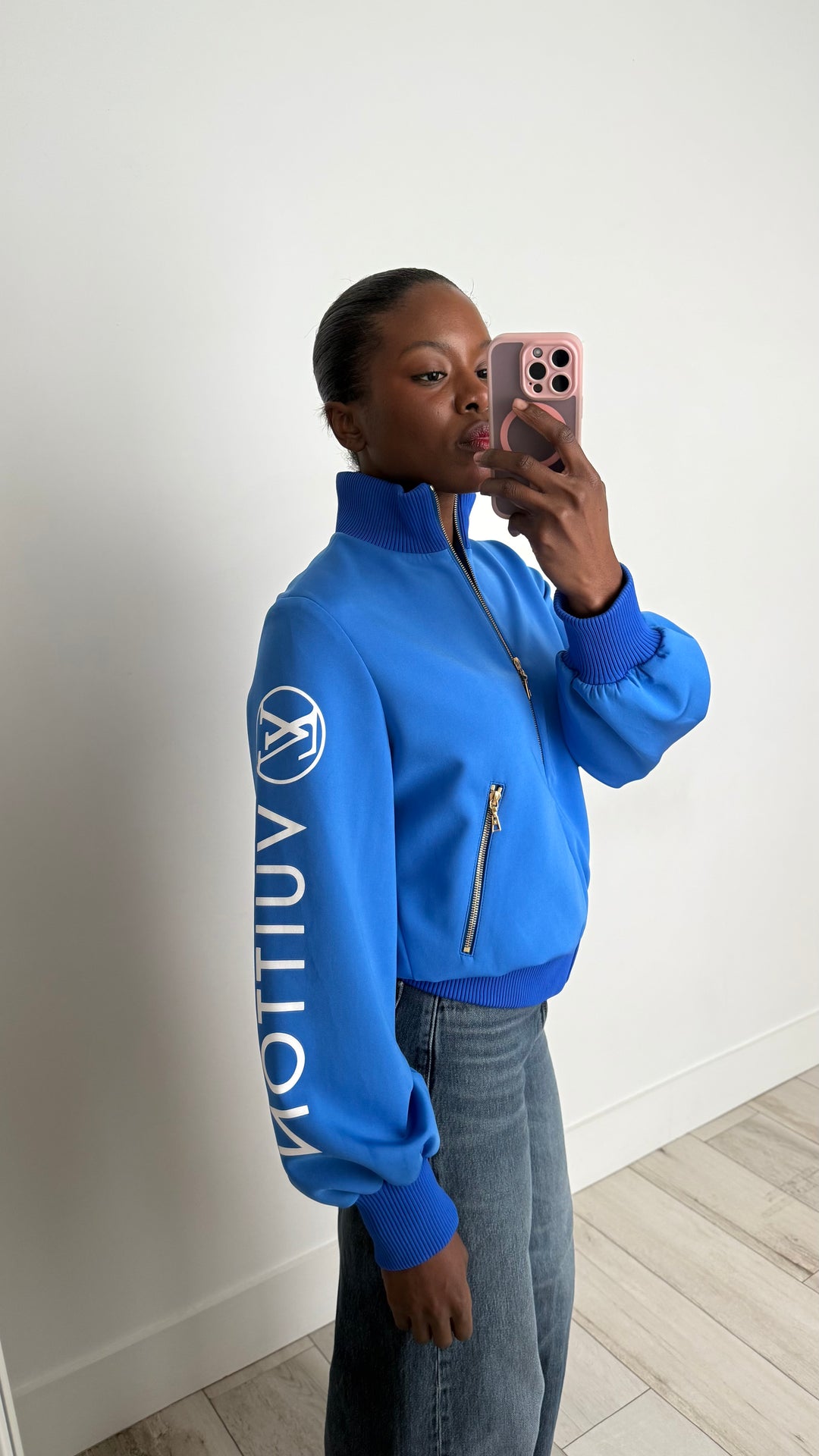 Louis Vuitton Blue Bomber Jacket with Ribbing, Gold-Tone Zippers and White Logo Detail Size 38