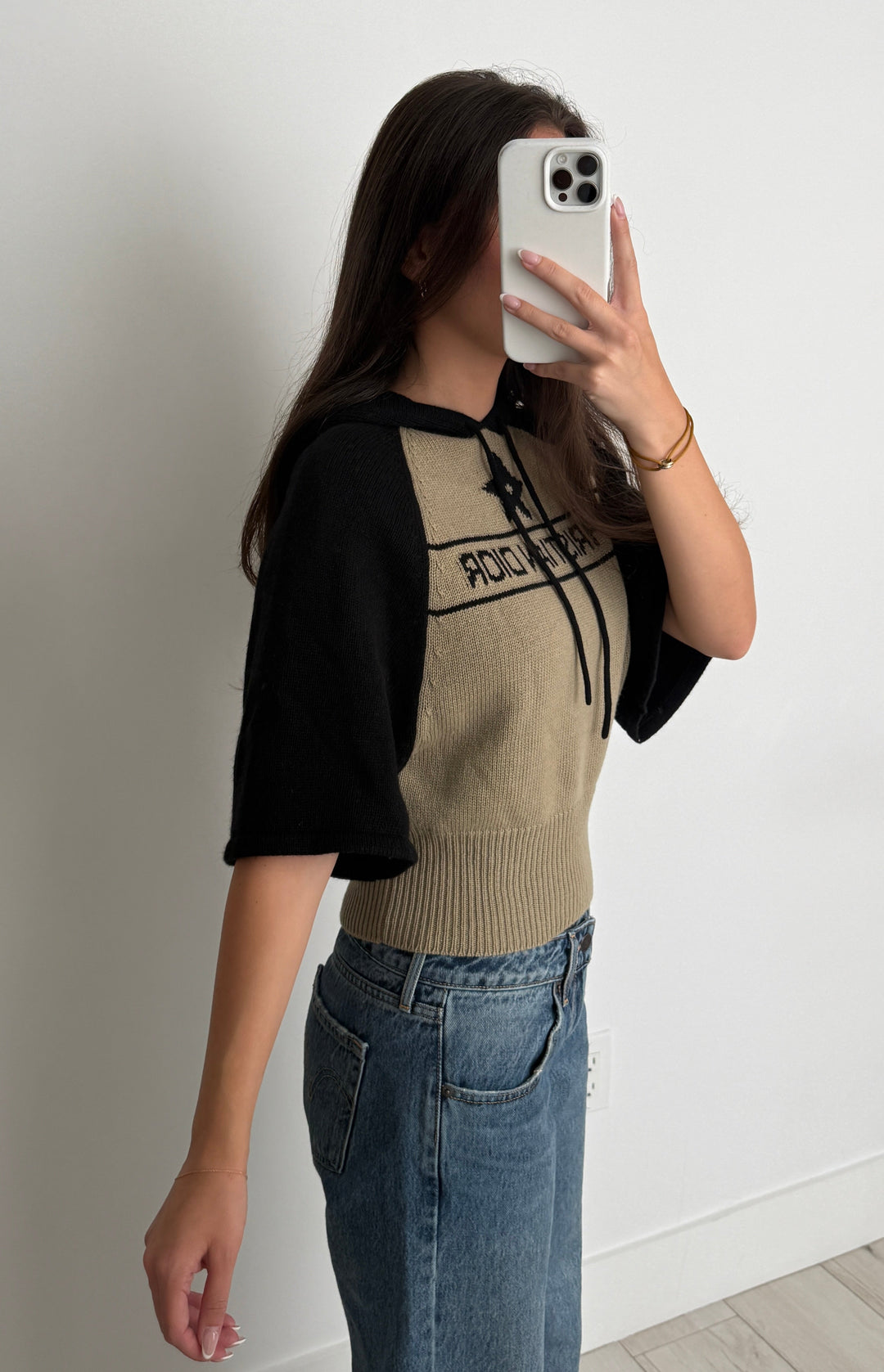 Dior Beige & Black Cashmere Short-sleeved Hooded Sweater Size 4