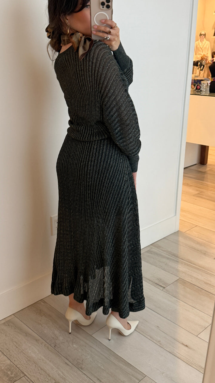 Chloe Green Sparkling Gold Knit Belted Dress Size XS