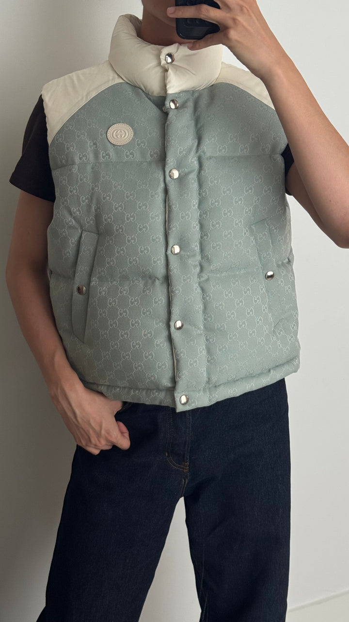 Gucci Light Blue GG & White Puffer Vest Size 38