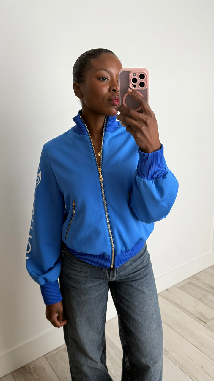 Louis Vuitton Blue Bomber Jacket with Ribbing, Gold-Tone Zippers and White Logo Detail Size 38