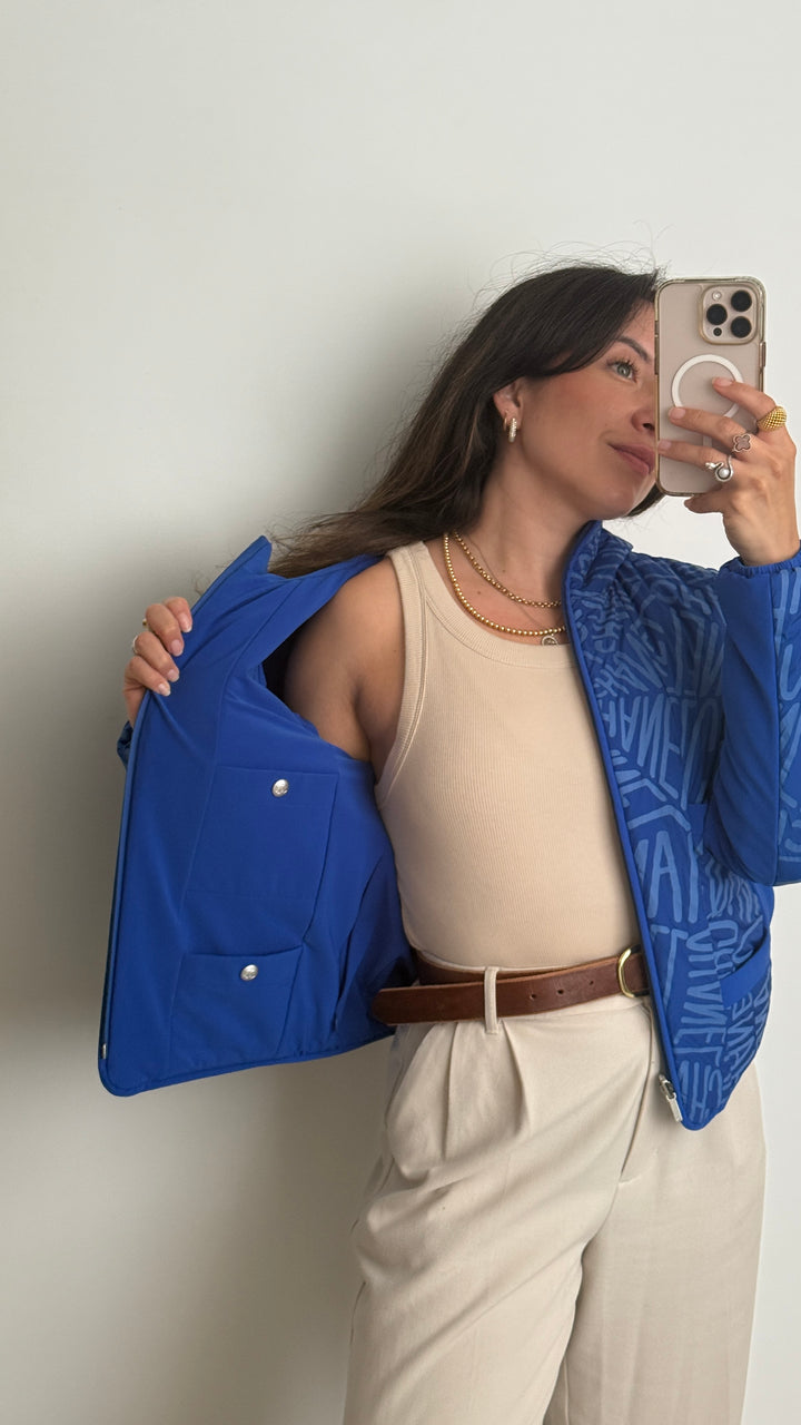 Pre-Loved Chanel™ Blue Reversible Logo Jacket Size 36