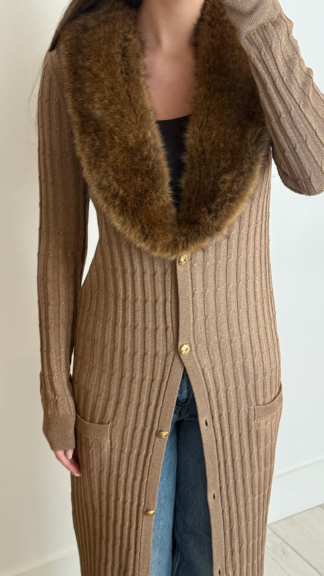 Saint Laurent Biege Knit Faux Fur-Trimmed Cardigan Dress Size L