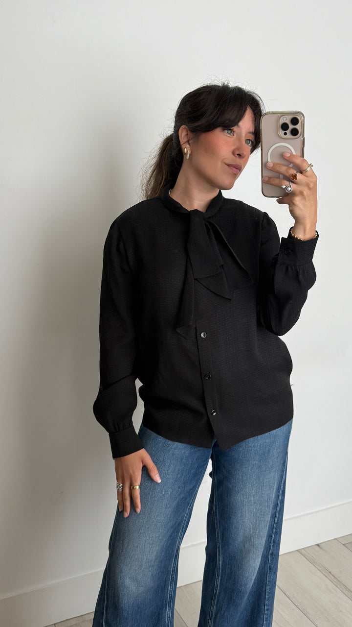 Celine Black Silk Shirt with Logo Print and Necktie Detail Size 38