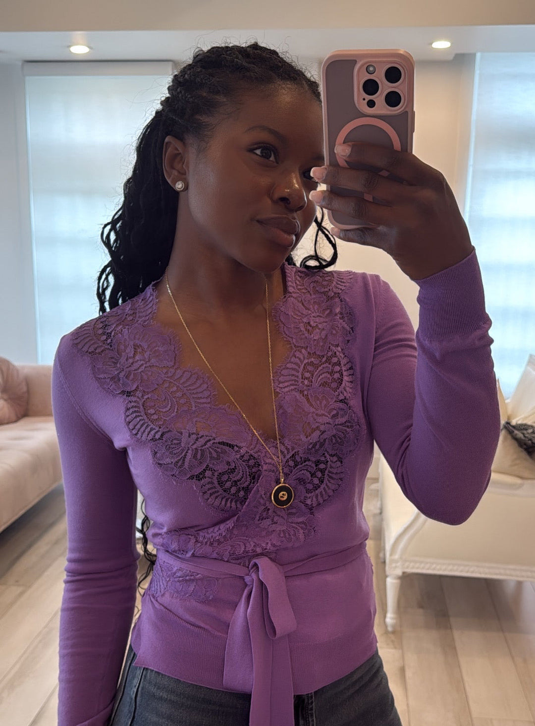 Dolce & Gabbana Purple Knit Top with Lace Detail & Cinched Waist