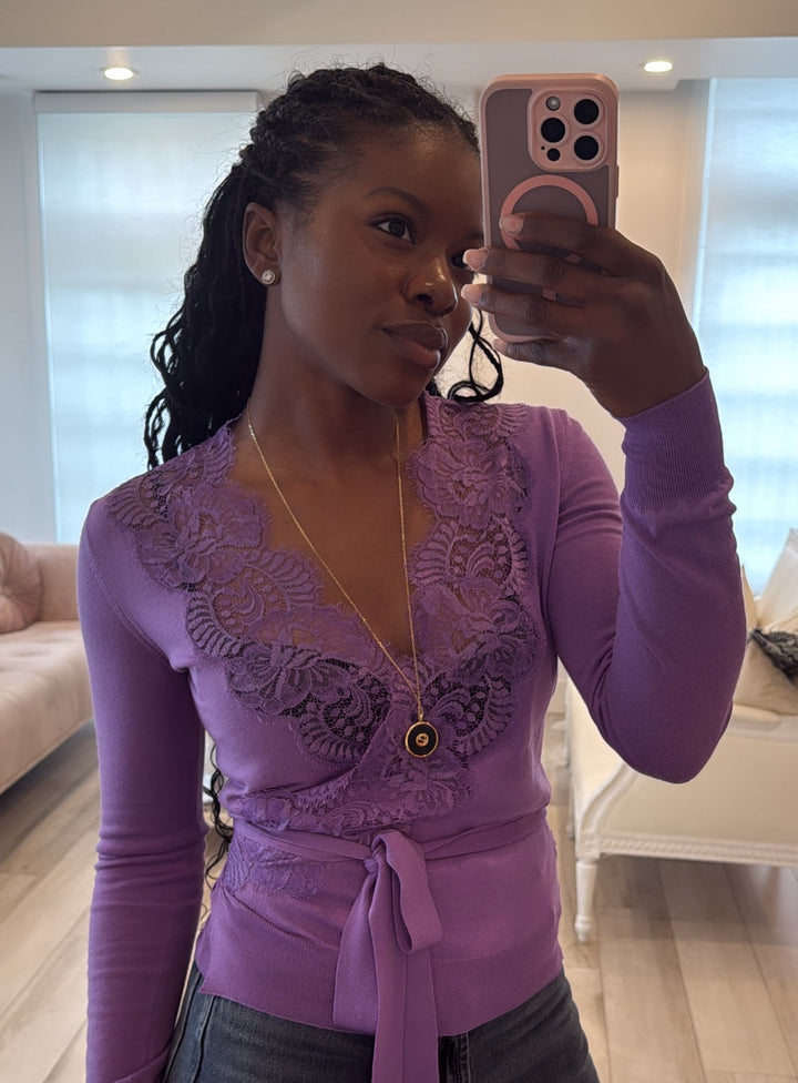 Dolce & Gabbana Purple Knit Top with Lace Detail & Cinched Waist