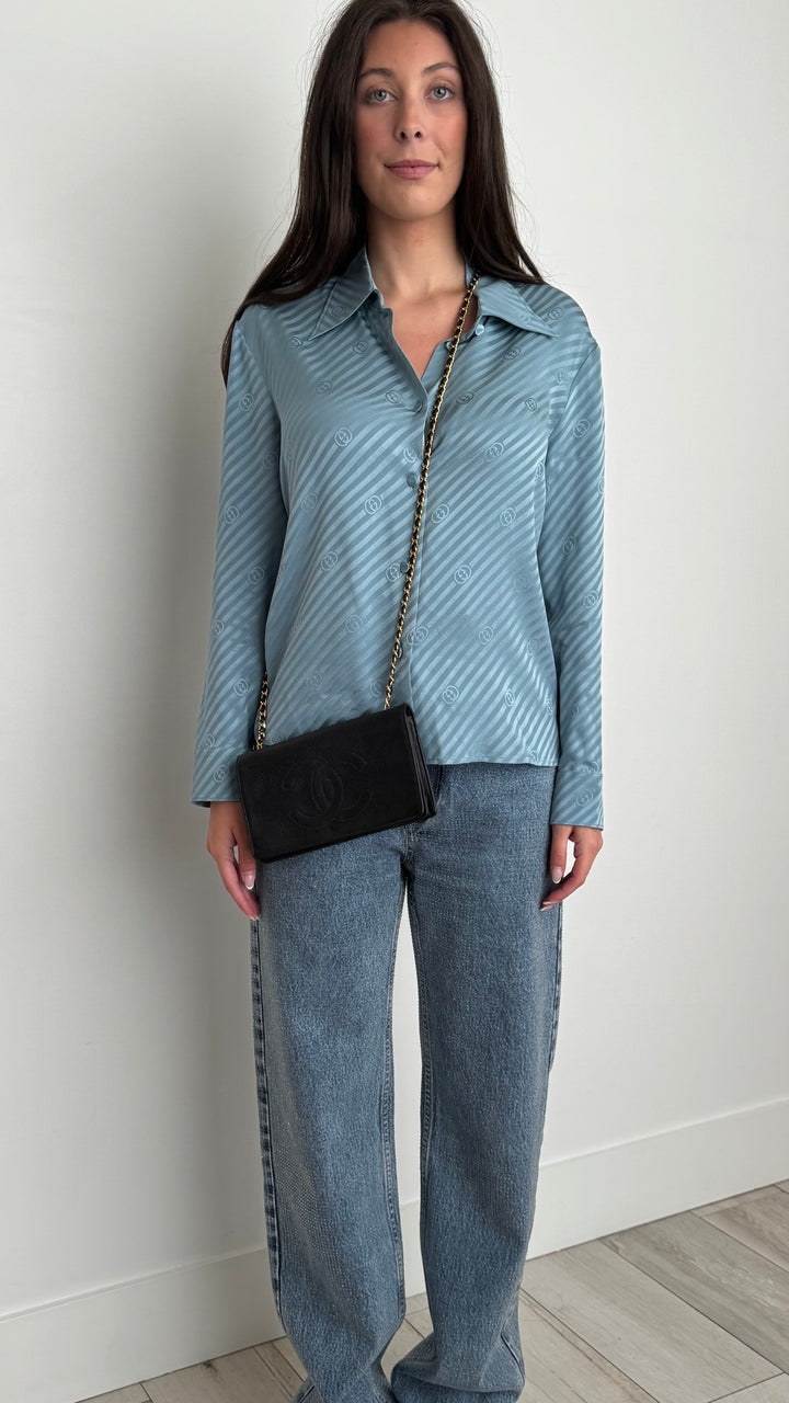 Gucci Blue Silk GG Jacquard Button Up Top Size 40
