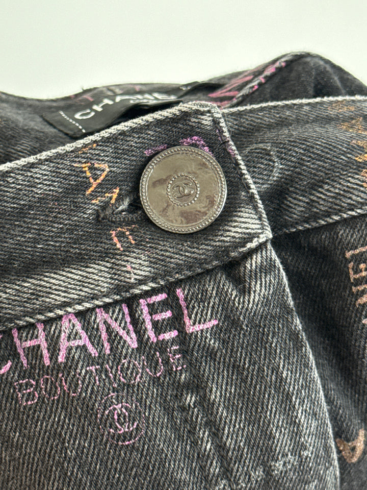 Pre-Loved Chanel™ Black Jeans with Multicolour Pink Logo Print Size 34
