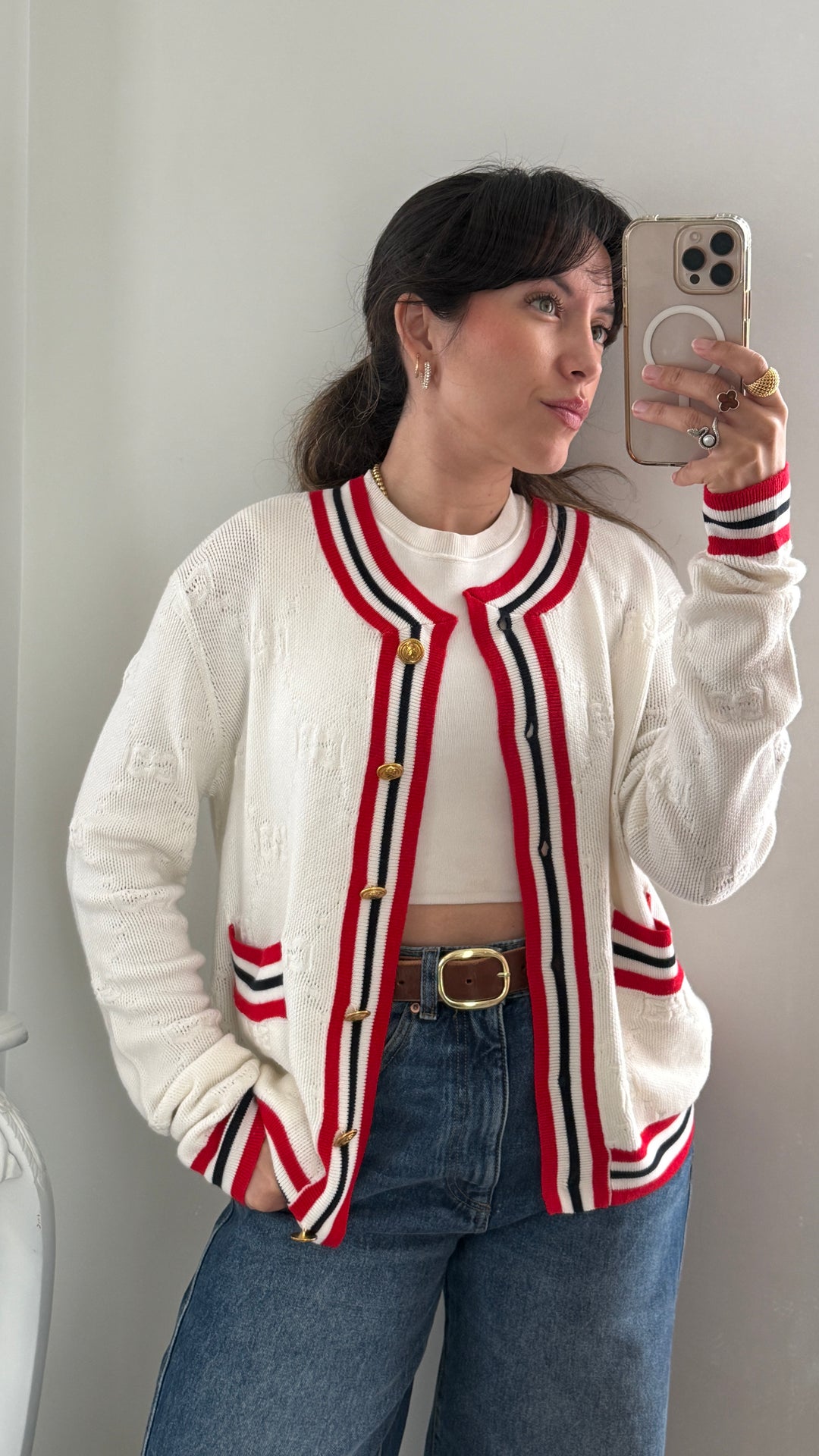 Gucci White Knit & Red Accent Cardigan Size M