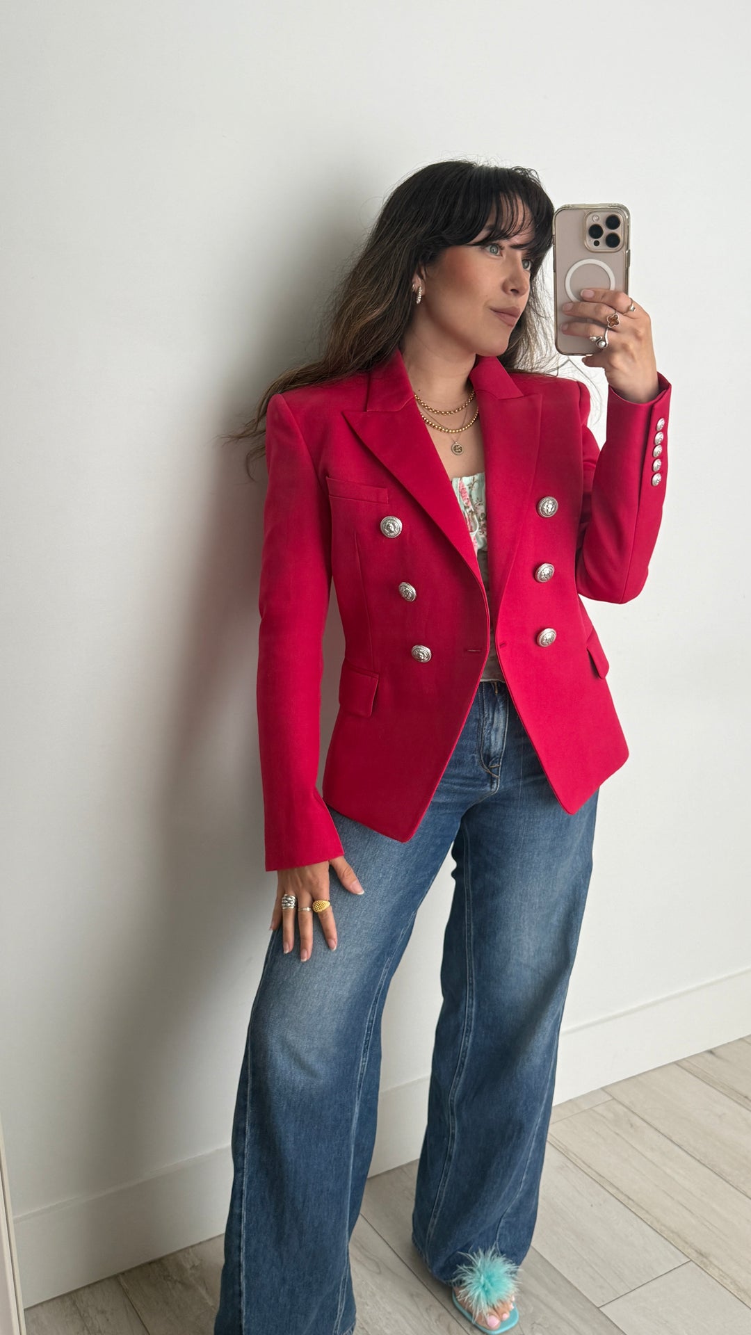 Balmain Pink Peaked Lapel Blazer with Silver Accents Size 40