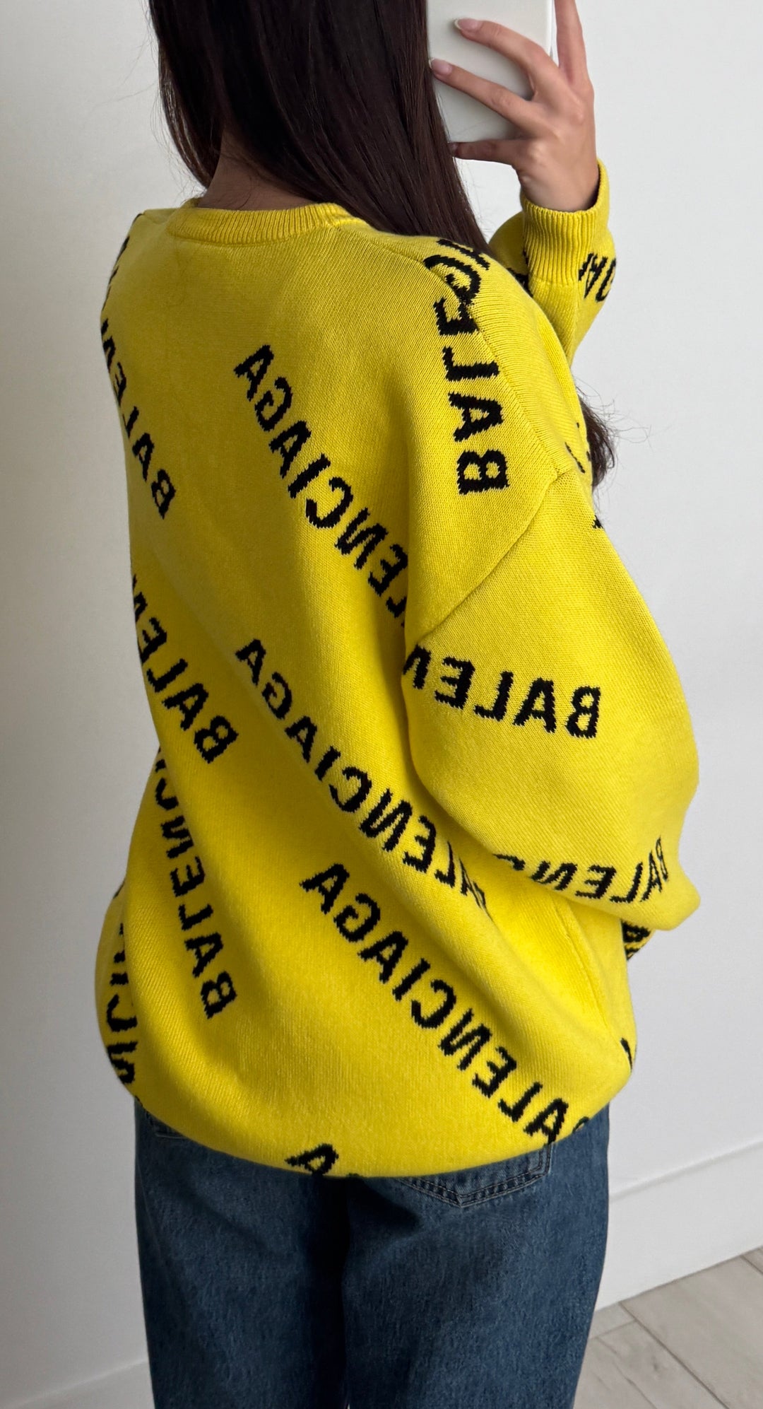 Balenciaga Yellow Knit Logo Unisex Crewneck Sweater Size XS