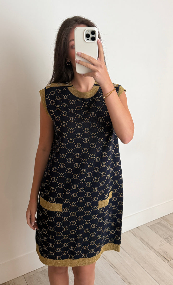 Gucci Navy & Gold Wool Blend Interlocking G Sleeveless Dress Size L