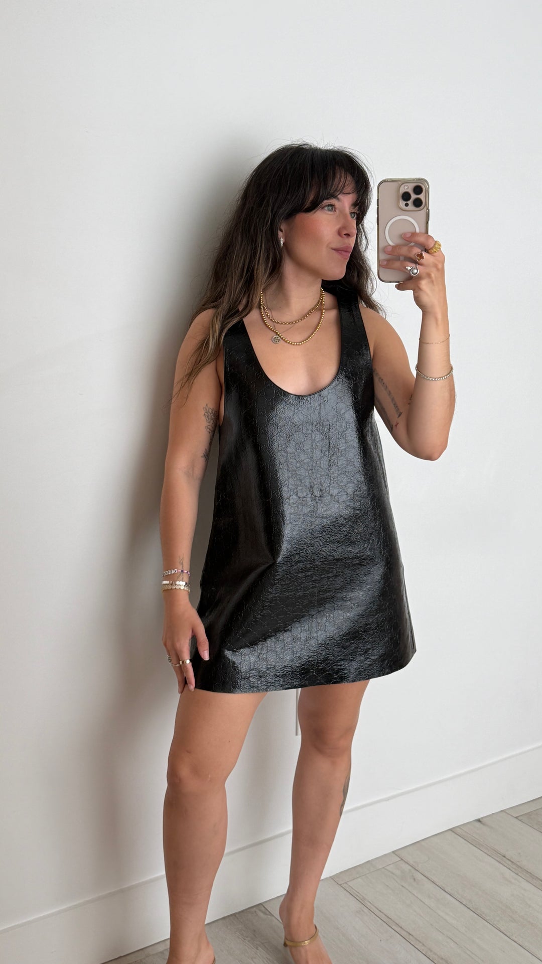 Gucci Black Shiny Mini Dress with Embossed GG Monogram Size 40