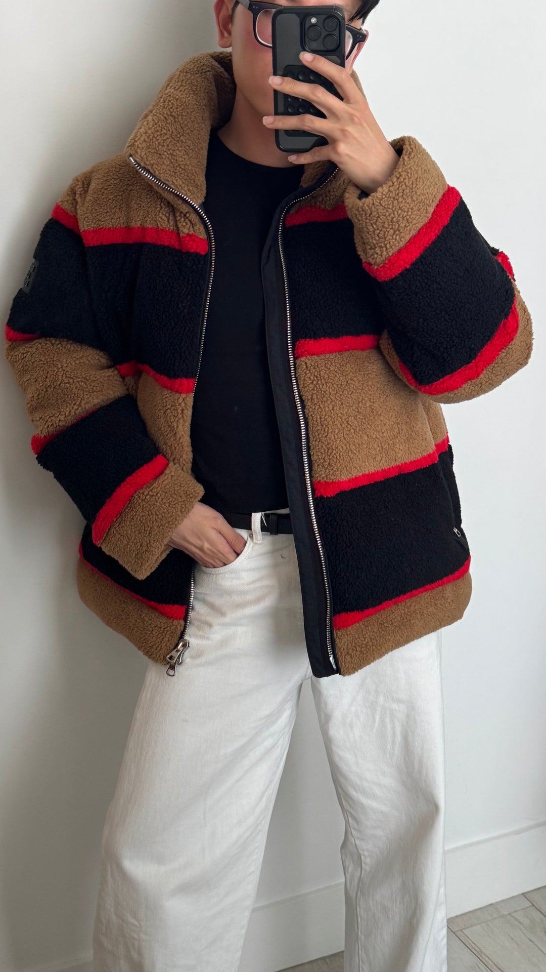 Burberry Red, Black & Brown Bradfield Fleece Jacquard Puffer Jacket Size M