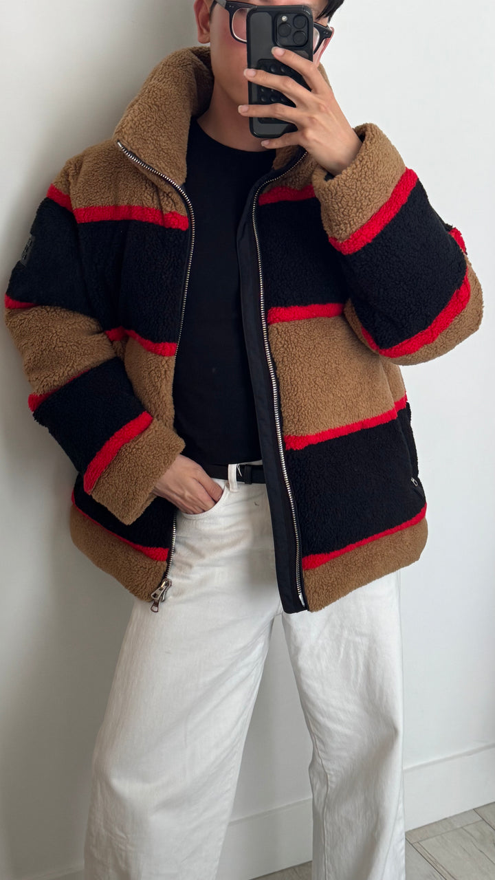 Burberry Red, Black & Brown Bradfield Fleece Jacquard Puffer Jacket Size M
