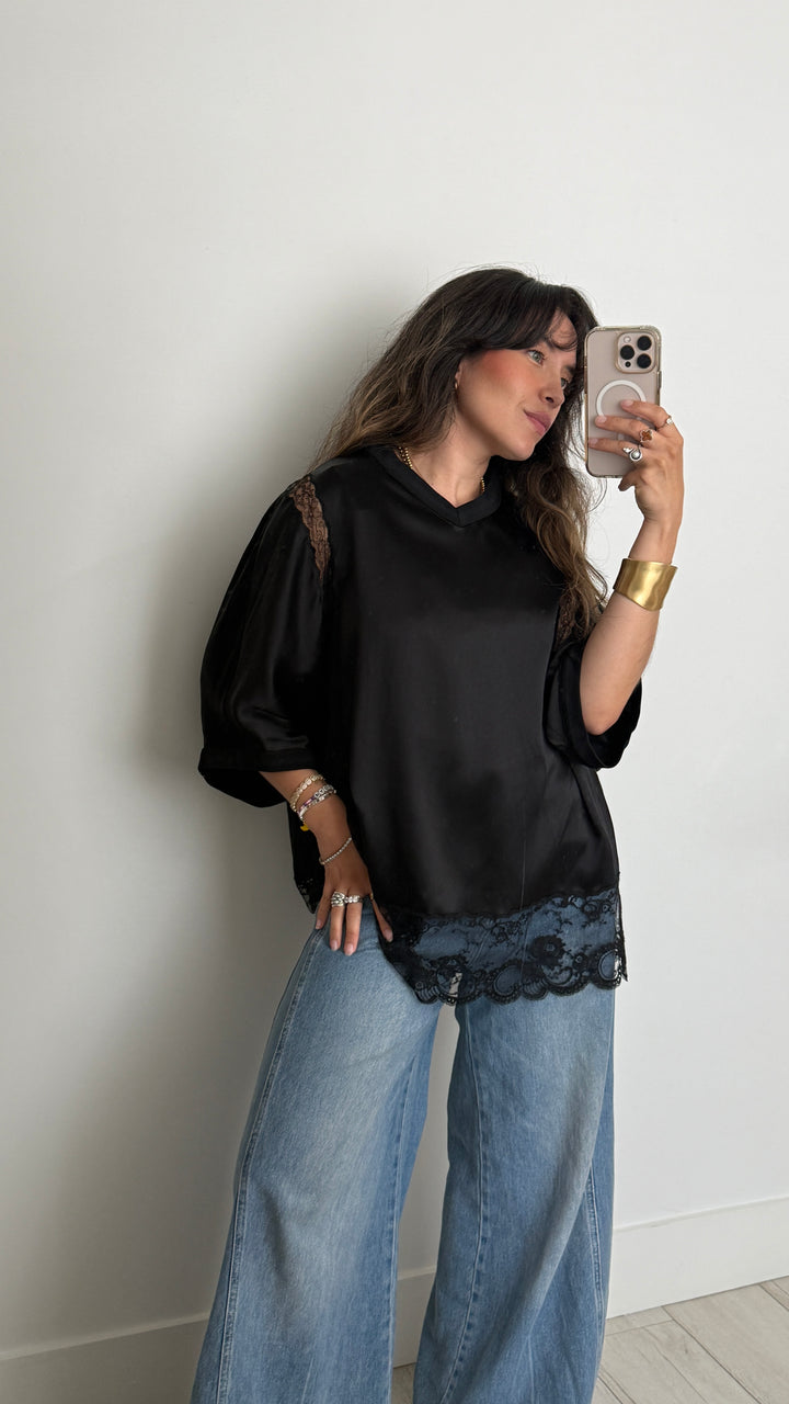 Burberry Black Silk Top with Lace Details Size 41