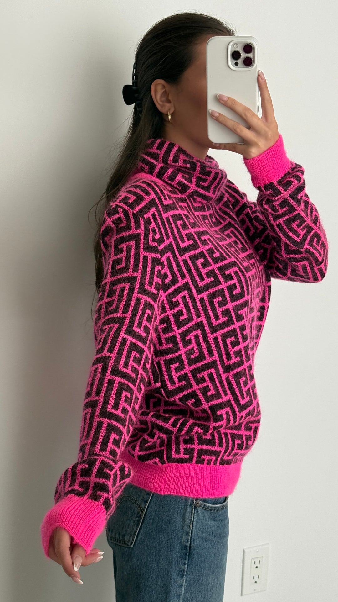 Balmain Pink Wool & Mohair Knit Geometric Turtleneck Sweater Size 36