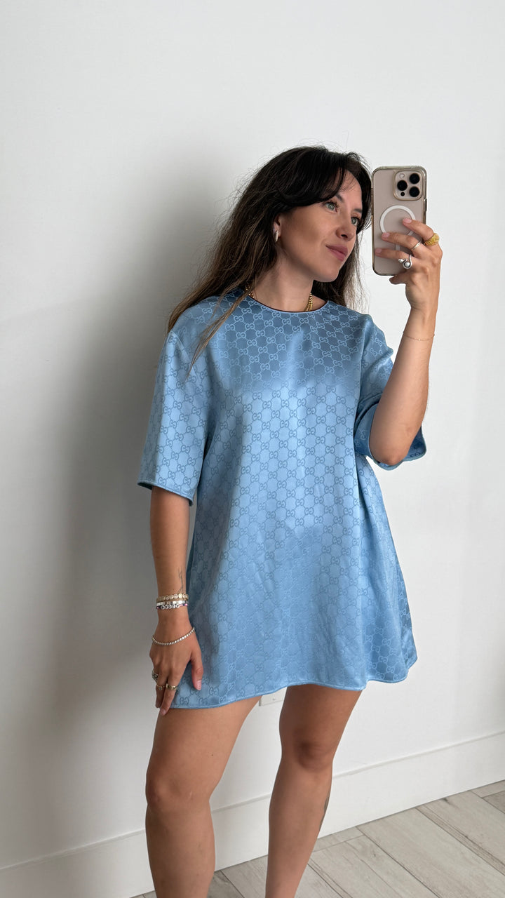Gucci Blue GG Monogram Satin Mini Dress Size 46