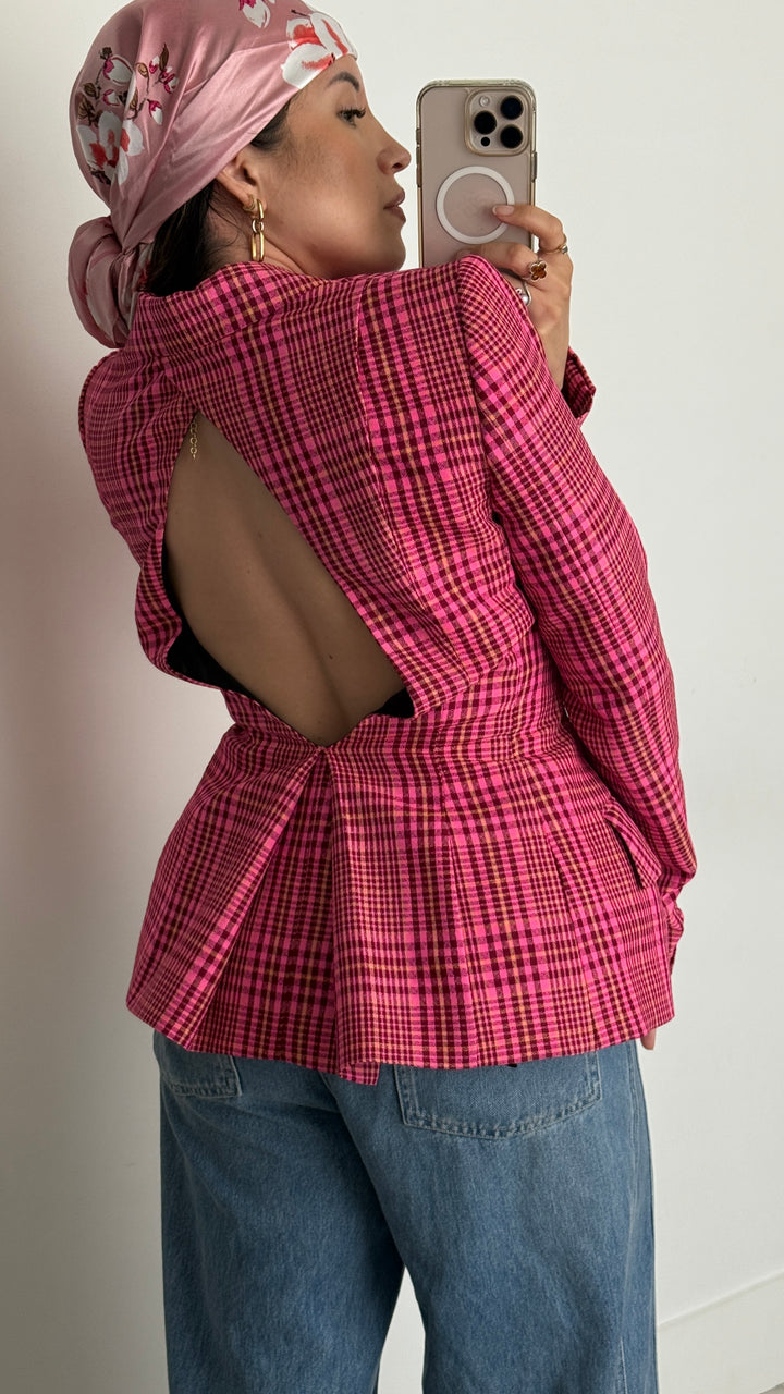 Area Pink Plaid Virgin Wool Blend Crystal Buckle Hourglass Blazer Size 6