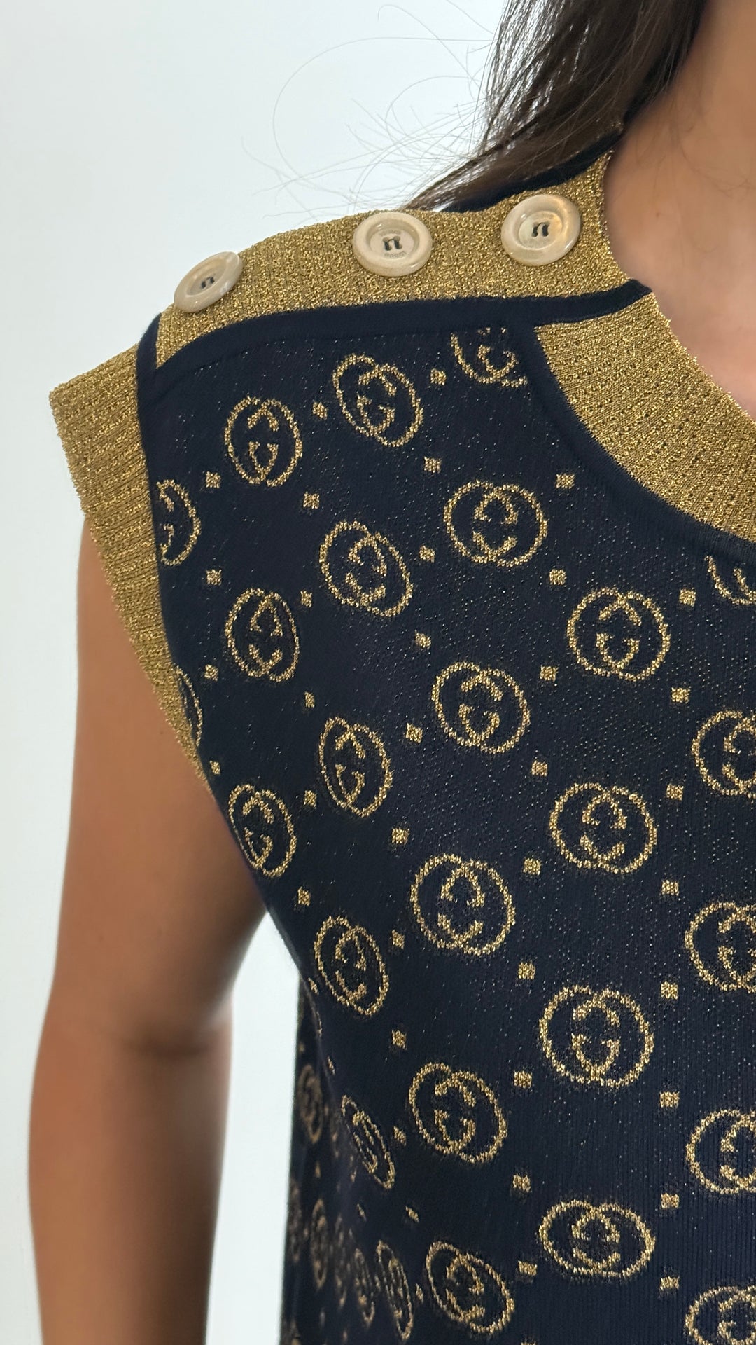 Gucci Navy & Gold Wool Blend Interlocking G Sleeveless Dress Size L