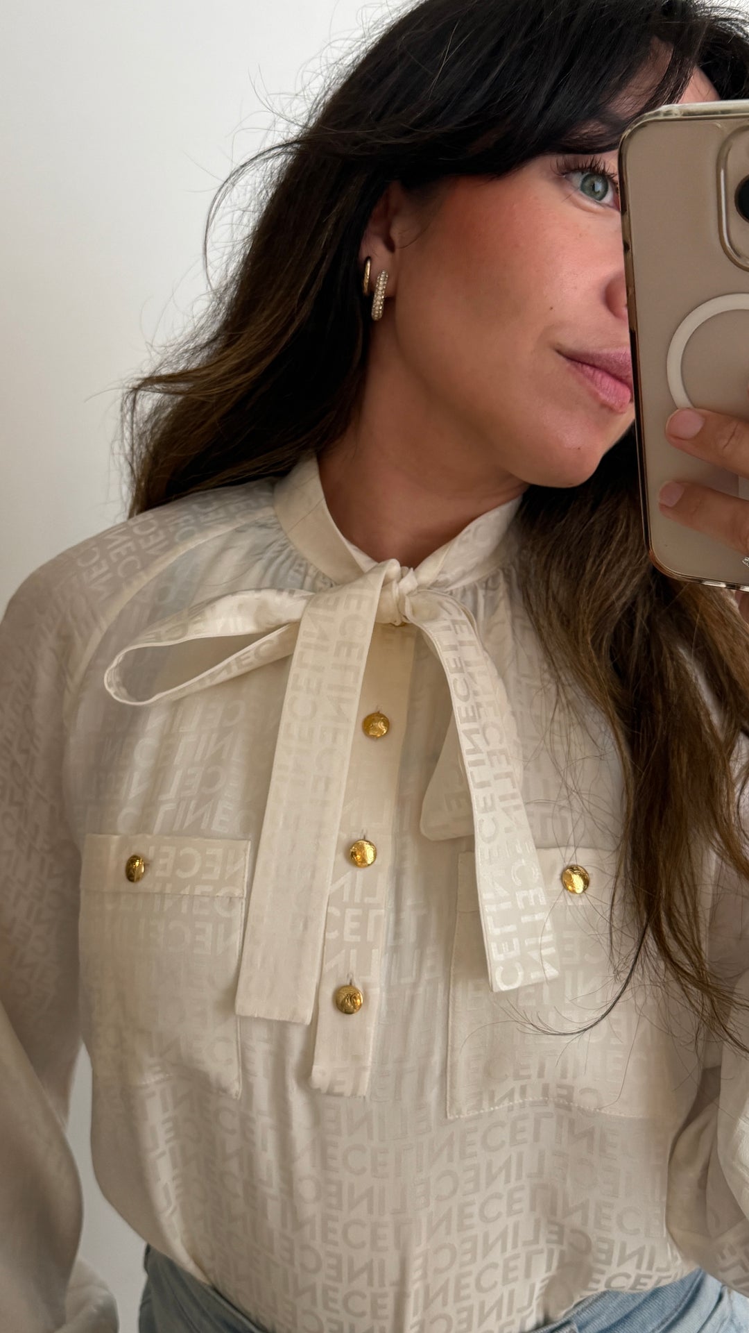 Celine White Monogram Silk Shirt with Gold Buttons and Tie Detail