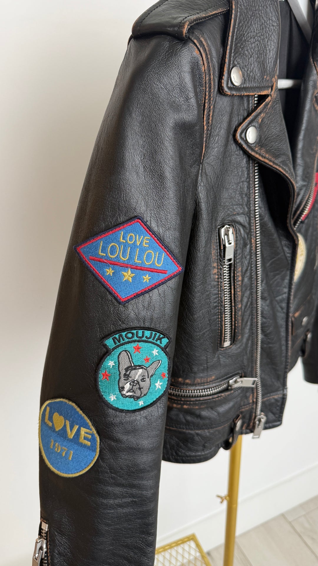 Saint Laurent Black Calf Leather Patched Moto Jacket Size 36