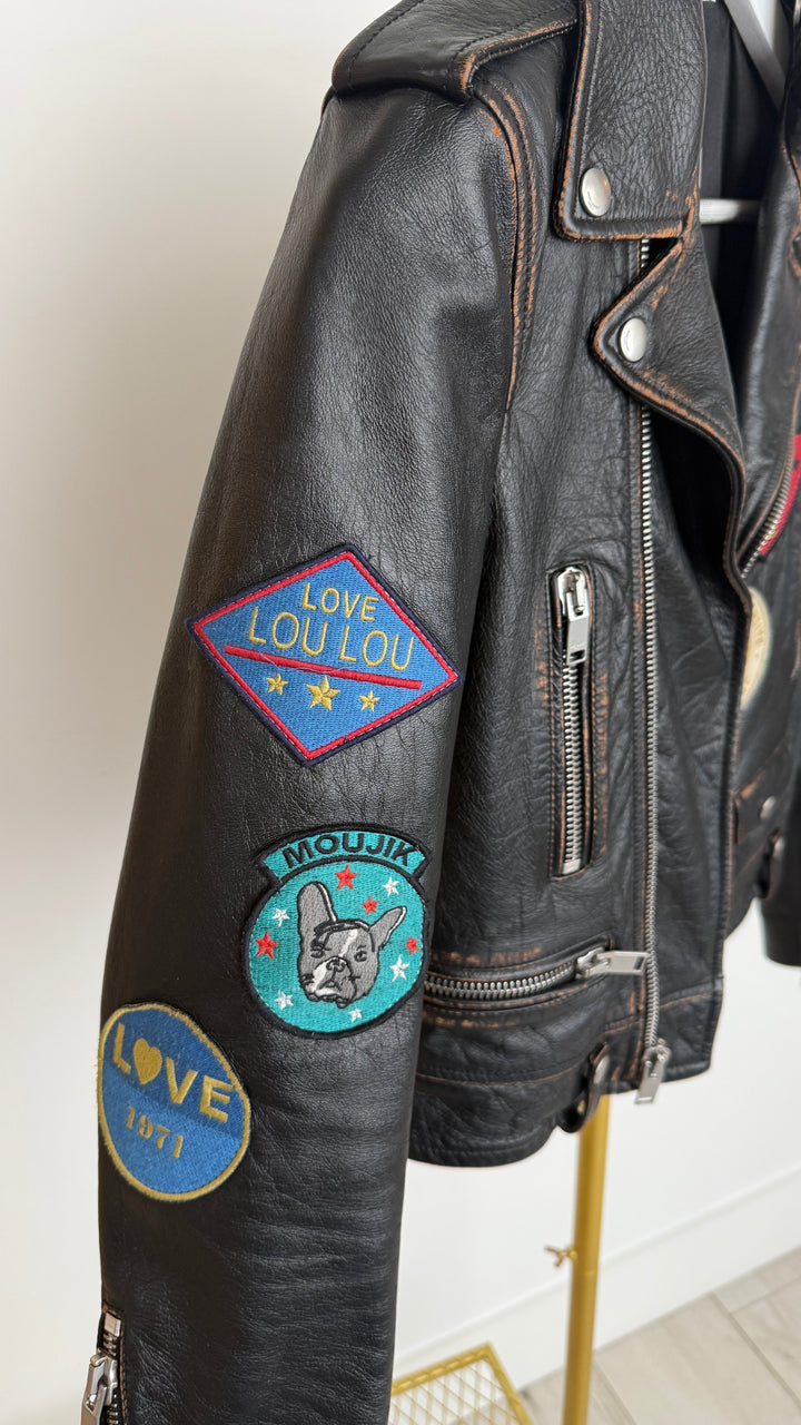 Saint Laurent Black Calf Leather Patched Moto Jacket Size 36