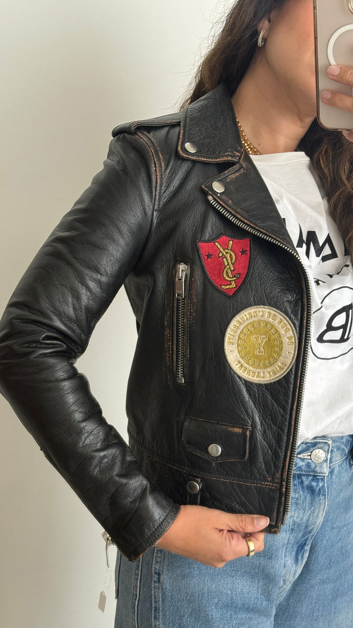 Saint Laurent Black Calf Leather Patched Moto Jacket Size 36