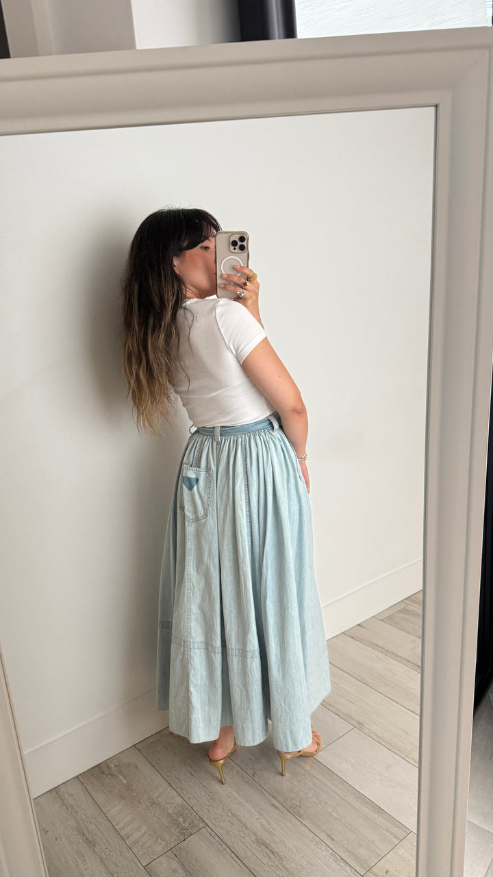 Prada Cotton Denim Effect Top and Midi Skirt Set Size 36