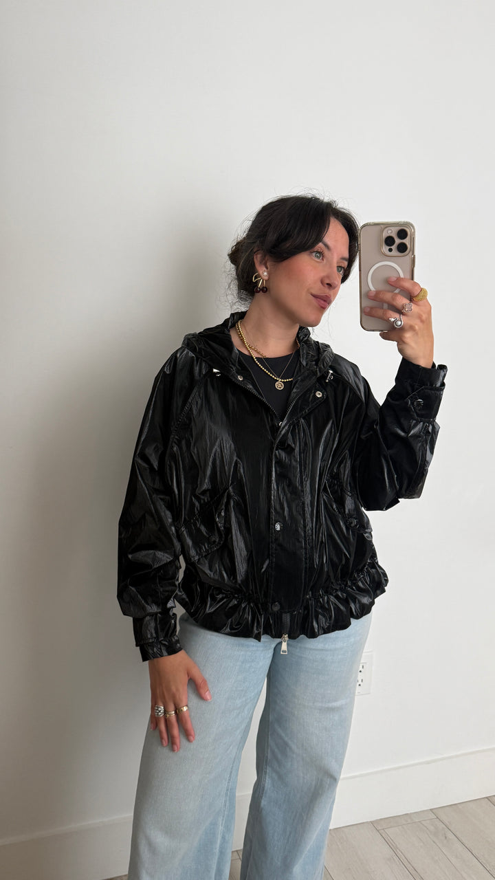 Moncler Black Shiny Jacket with Elasticated Waist Size 1