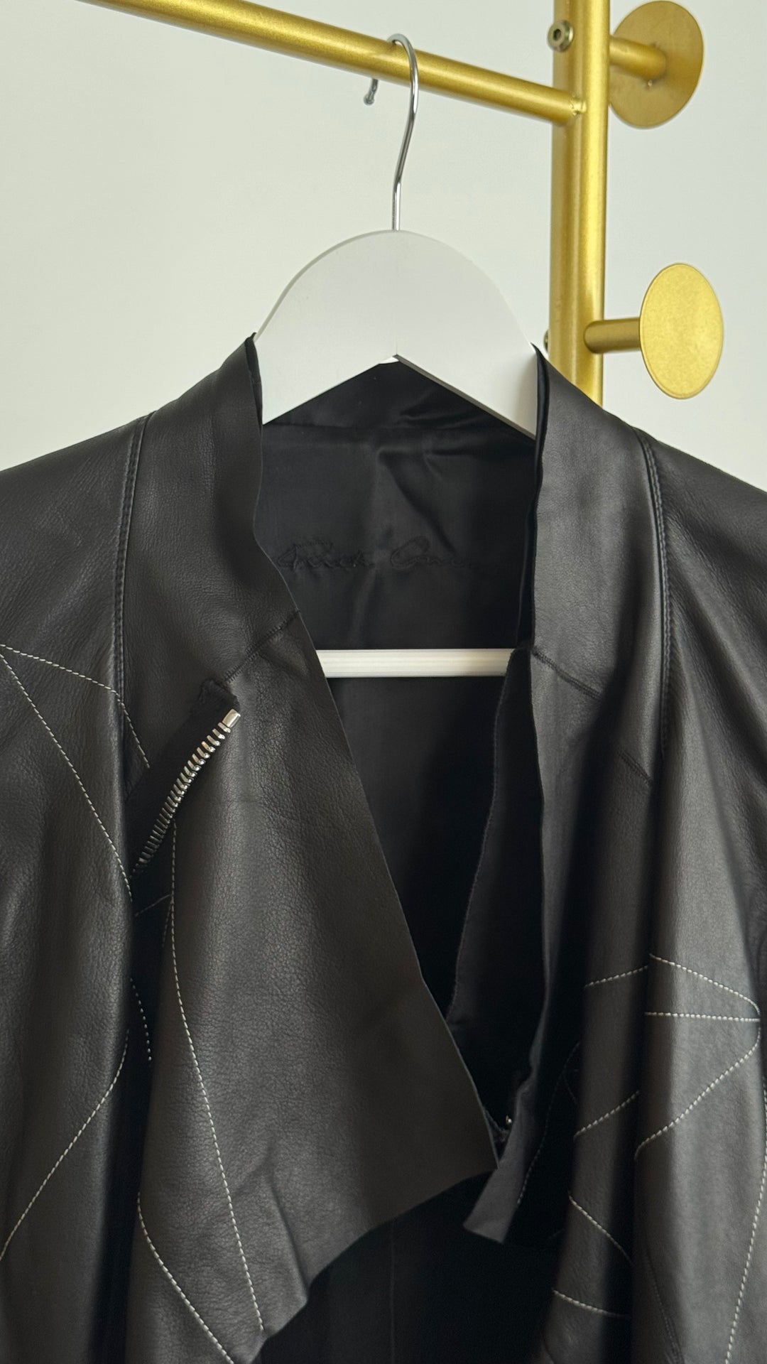 Rick Owens Black Leather Asymmetrical Zip Jacket with White Contrast Stitching Size 40