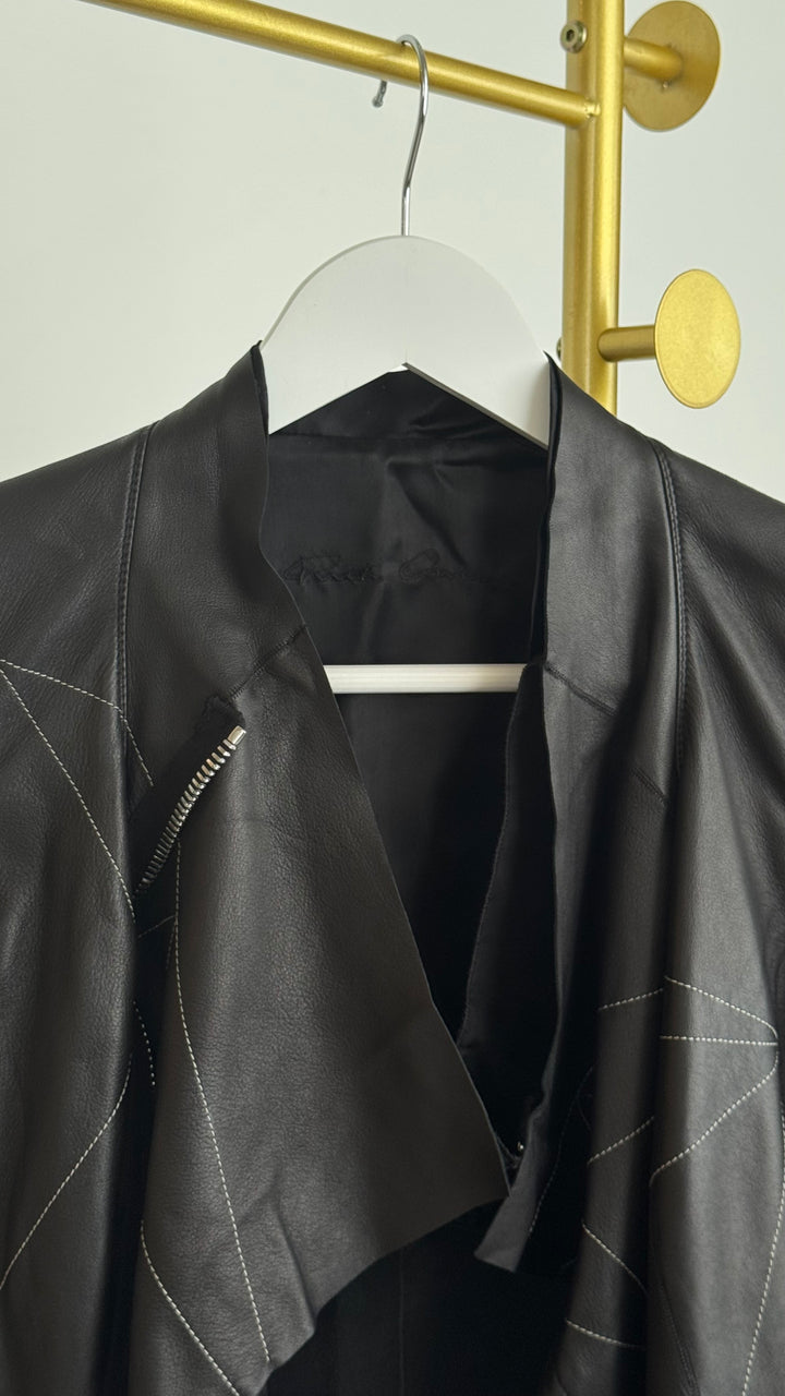 Rick Owens Black Leather Asymmetrical Zip Jacket with White Contrast Stitching Size 40