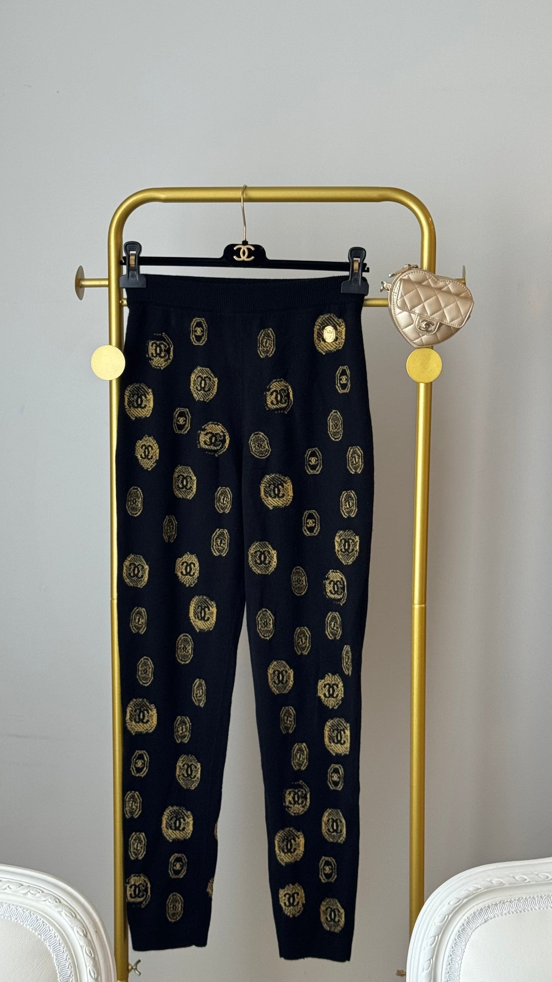 Pre-Loved Chanel™ Black & Gold Knit Pants with Logo Details