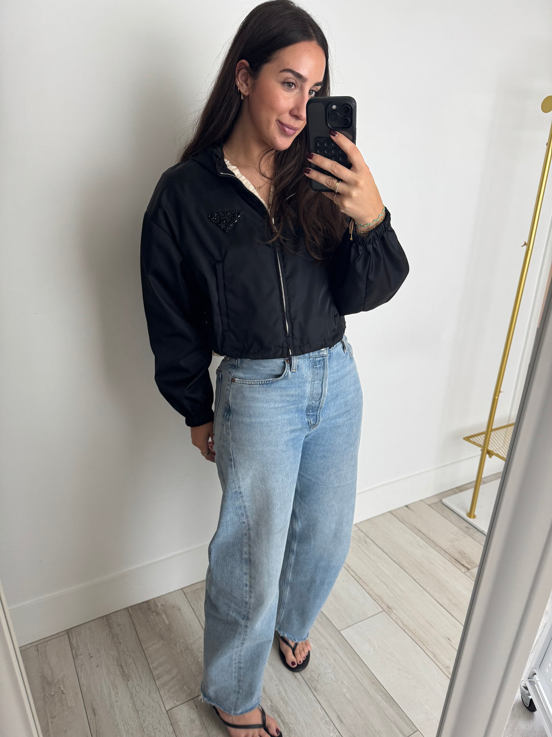 Prada Black Cropped Nylon Jacket with Crystal Logo Size 42