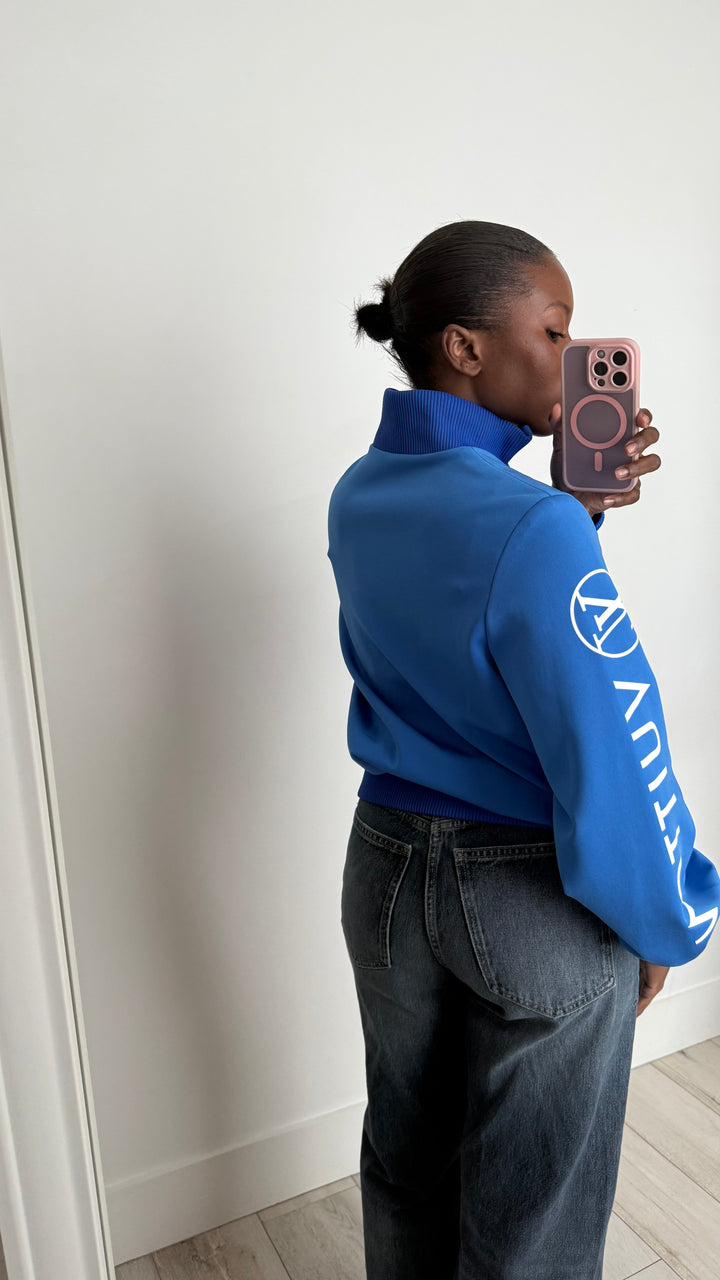 Louis Vuitton Blue Bomber Jacket with Ribbing, Gold-Tone Zippers and White Logo Detail Size 38
