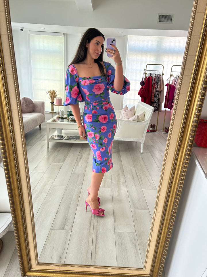 Carolina Herrera Purple & Pink Floral Print Ruched Midi Dress Size 6